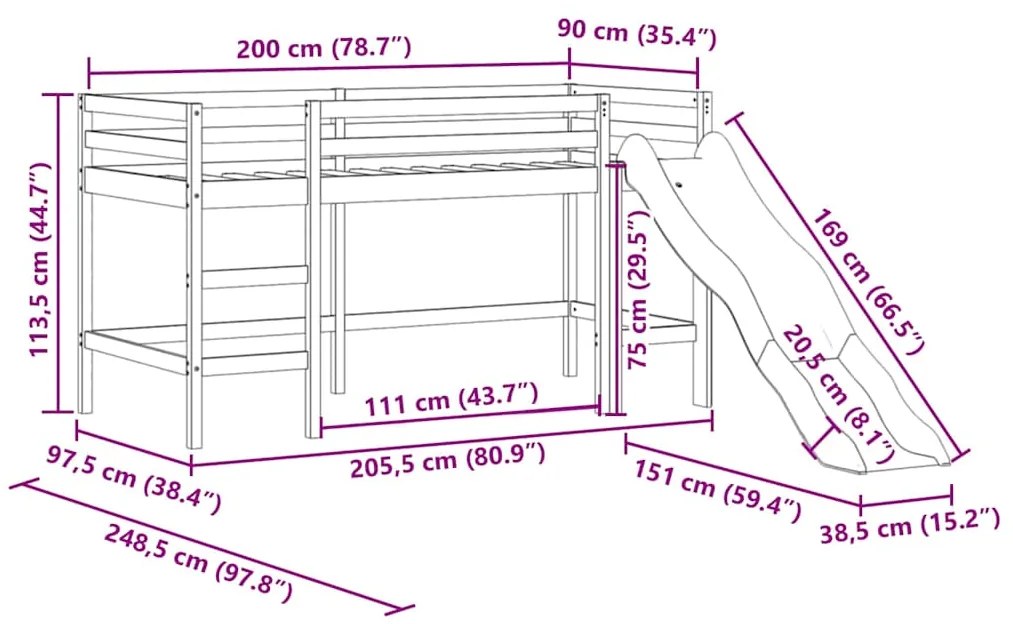 Cama alta p/ criança c/ escorrega 90x200 cm pinho maciço branco