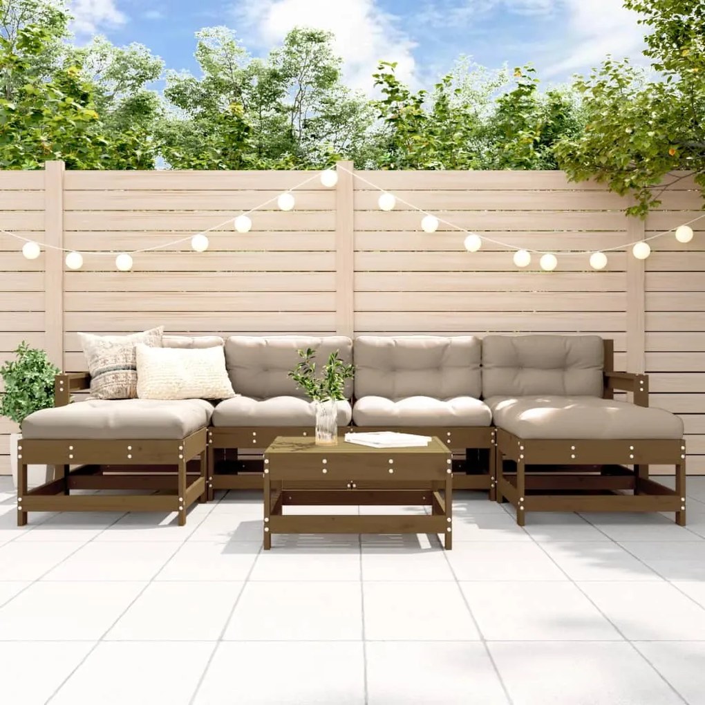 vidaXL 7pcs conj. lounge jardim+almofadões madeira maciça castanho-mel