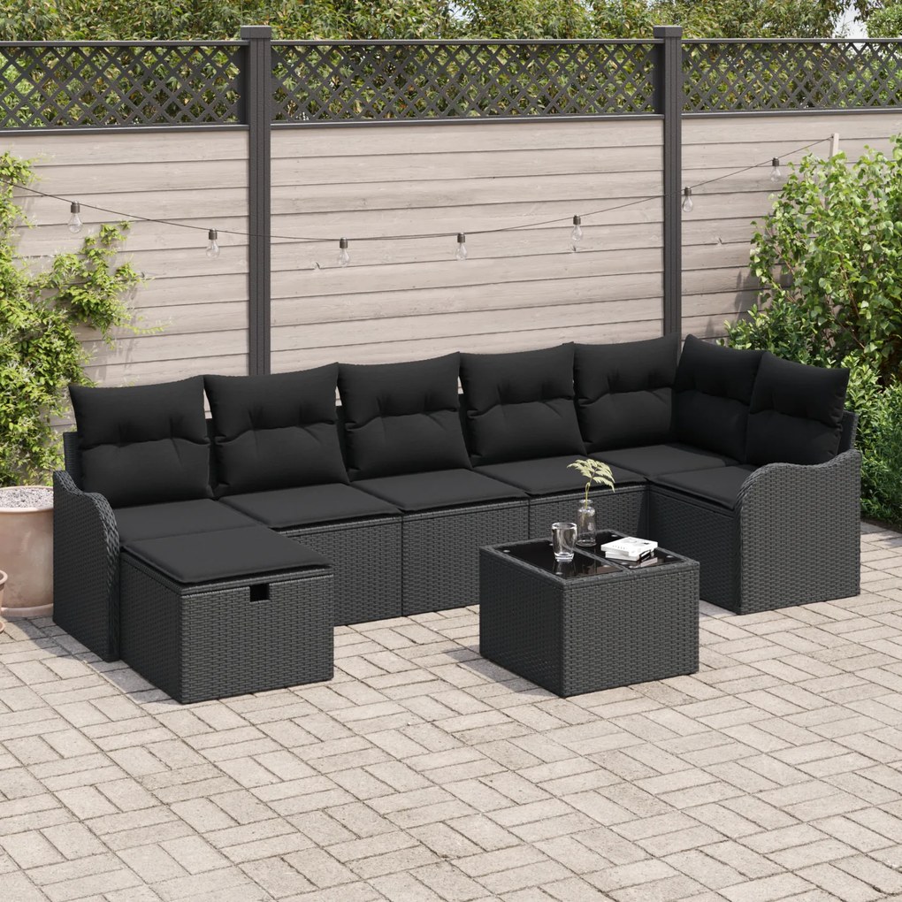 Conjunto de Sofá de Jardim de 8 Peças com Almofadas Preto Rattan PE, C