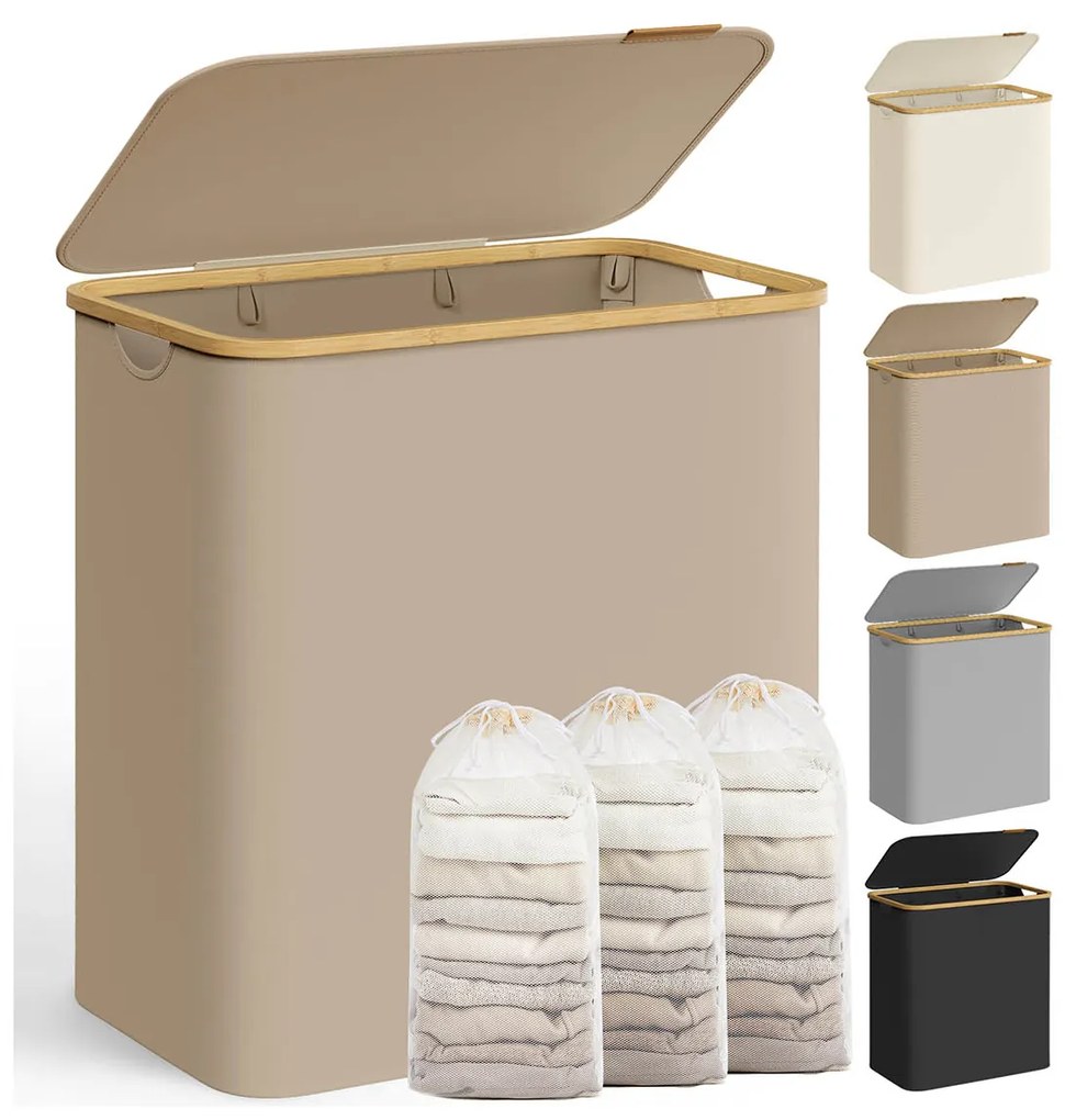 Cesto para roupa suja 150 L com tampa e 3 compartimentos 60 x 38,5 x 70,5 cm castanho-camelo