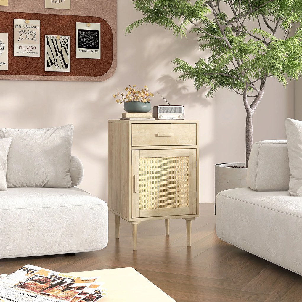 Mesa de cabeceira com armário e prateleira em rattan trançado, 1 gaveta, estilo boémio - 40 x 40 x 68,5 cm, natural