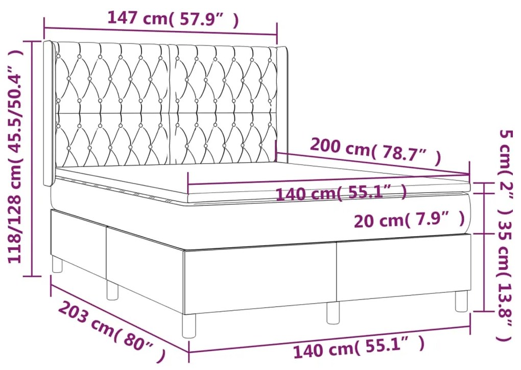 Cama box spring c/ colchão/LED 140x200 cm veludo preto