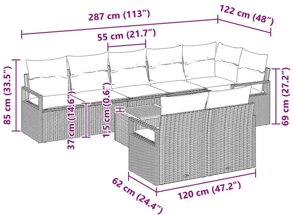 Conjunto de sofá de jardim com 9 peças e almofadas beje, rattan e poli