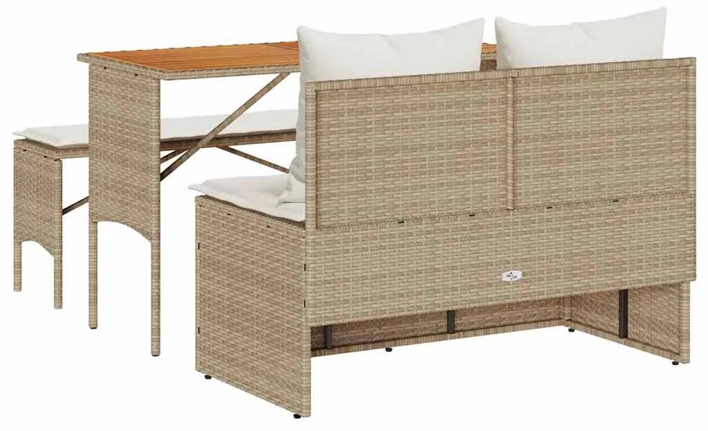 3 pcs conjunto de jantar p/ jardim com almofadões vime PE bege