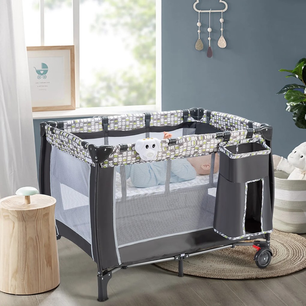 Parque infantil bebés portátil com rede amovível e ajustável, tapete muda-fraldas e rodas com fecho 127 x 63 x 110 cm