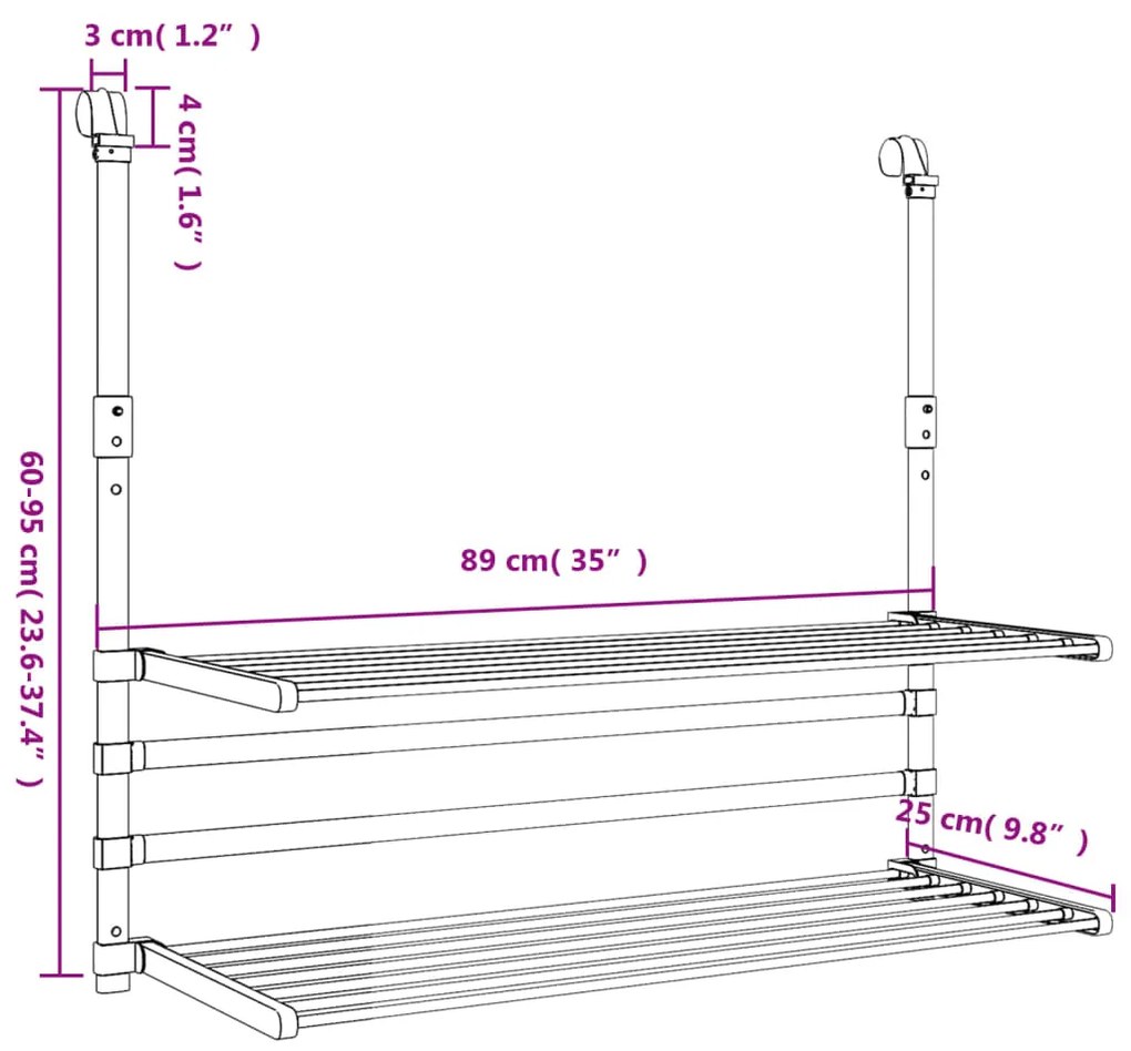 Estendal para varanda 89x25x(60-95) cm alumínio