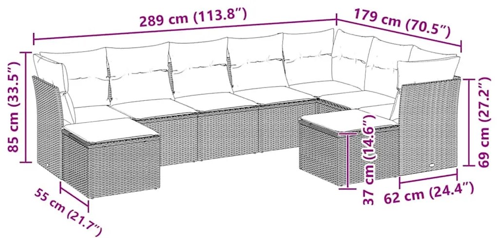 9 pcs conj. sofás jardim com almofadões vime PE cinzento-claro
