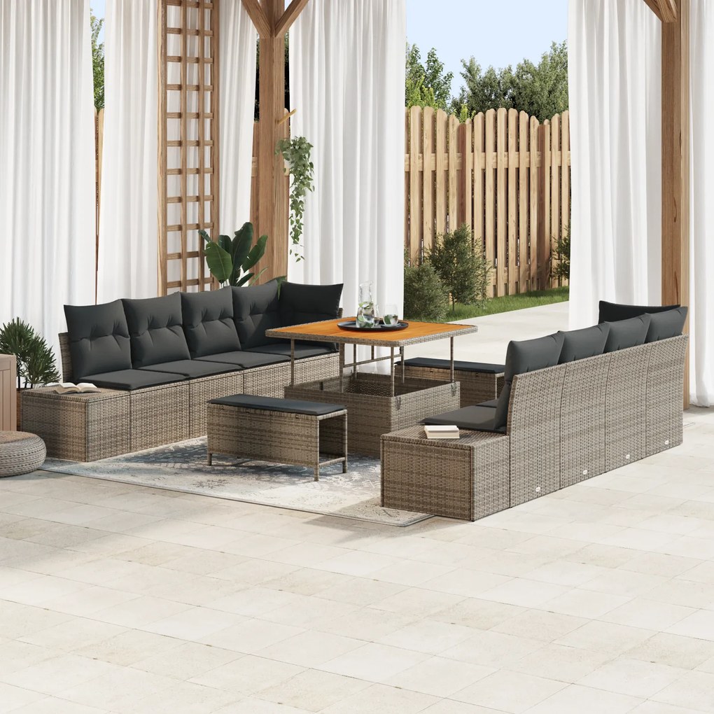 Conjunto de Sofá de Jardim vidaXL com Almofadas Cinza Rattan Poliéster