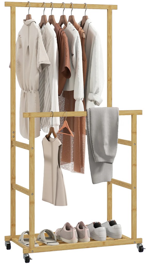 Guarda roupa com Rodas de Bambu com Sapateira 2 Barras para Pendurar para Entrada Corredor Quarto 80x40x160 cm Madeira