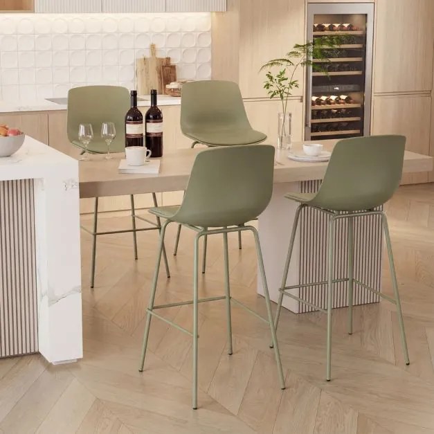 Conjunto de 4 bancos de bar com encosto acolchoado, apoio para os pés e pernas de metal verde