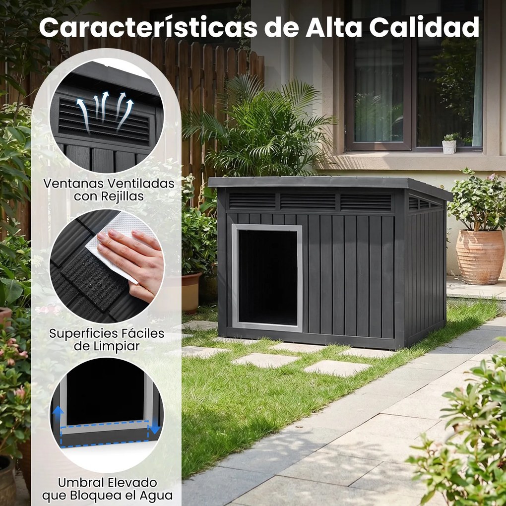 Casota exterior para cães em plástico com porta 81 x 64 x 61 cm, telhado inclinado rebatível e grelhas de ventilação preto