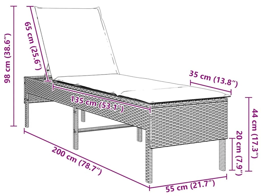 Espreguiçadeira almofadão 55x200x44cm vime PE cinzento-claro