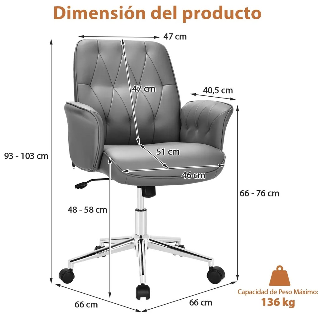 Cadeira giratória moderna de escritório reclinável de couro PU com meia parte traseira e braços acolchoados para lazer 66 x 66 x 93-103 cm cinza