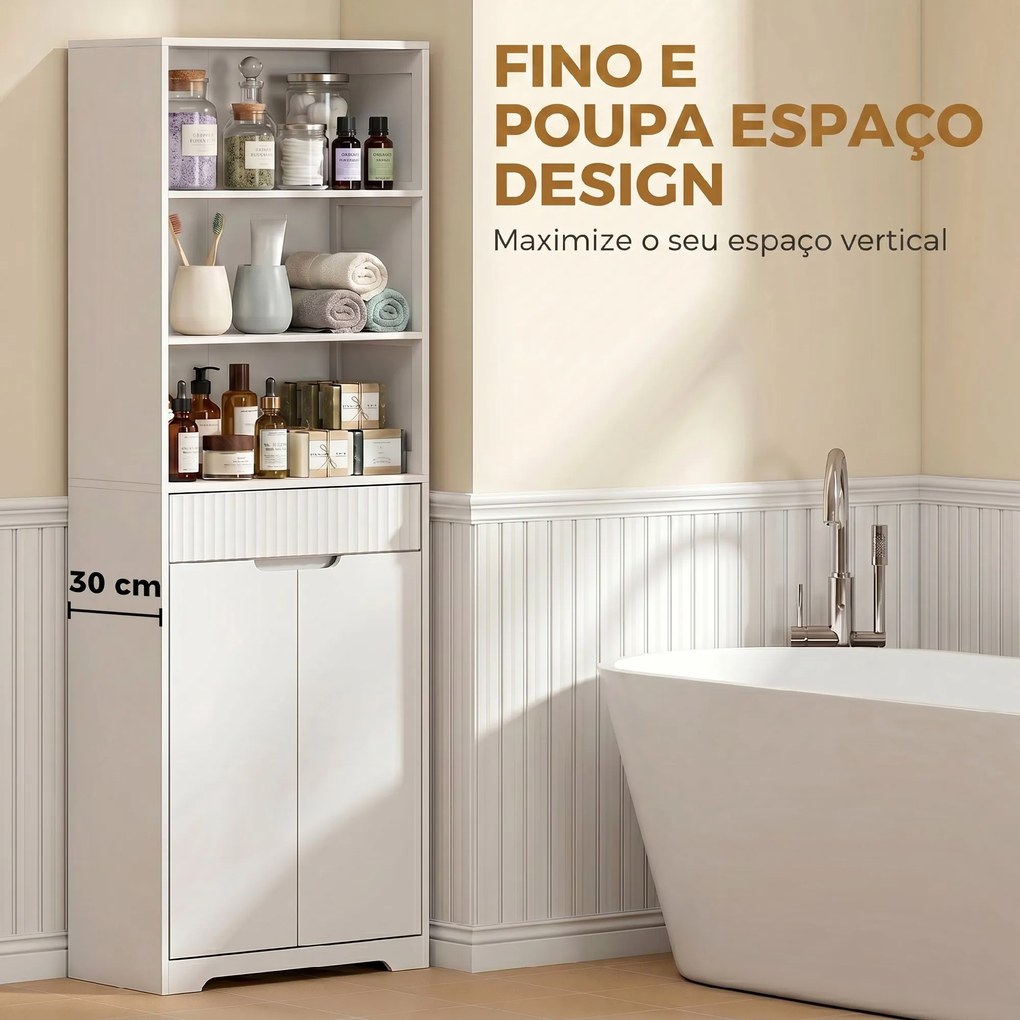 Armário Alto de Casa de Banho 60x30x171 cm, Armário Estreito com 3 Prateleiras Abertas, Gaveta Canelada, Prateleira Ajustável, Branco