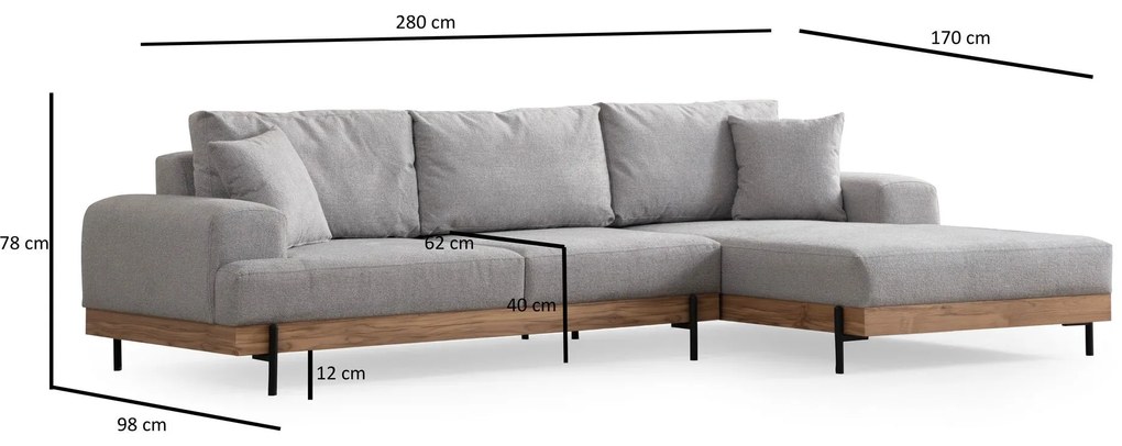 Sofá de Canto Eti – Cinzento – 280 x 170 cm