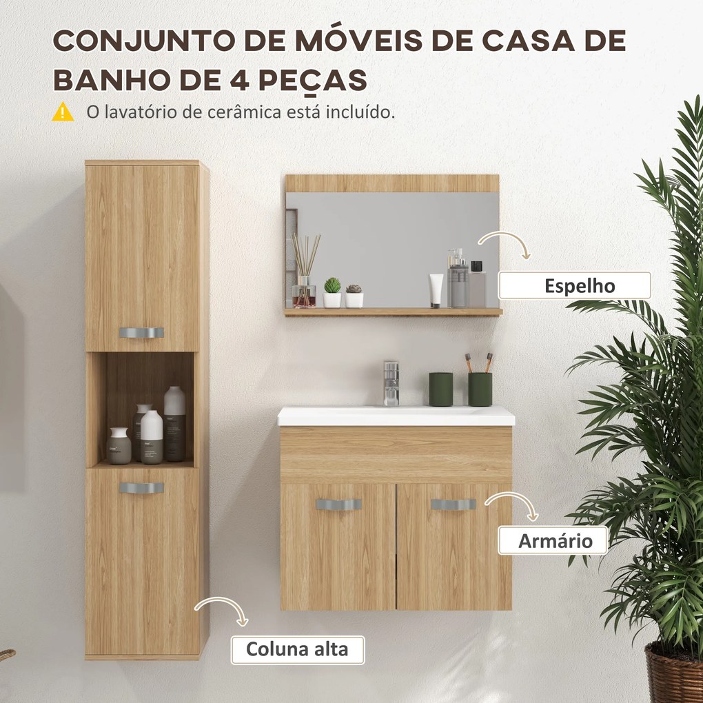 Conjunto de Móveis Casa de Banho 3 Peças com Espelho Móvel com Lavatório Cerâmico e Coluna de Casa de Banho Madeira