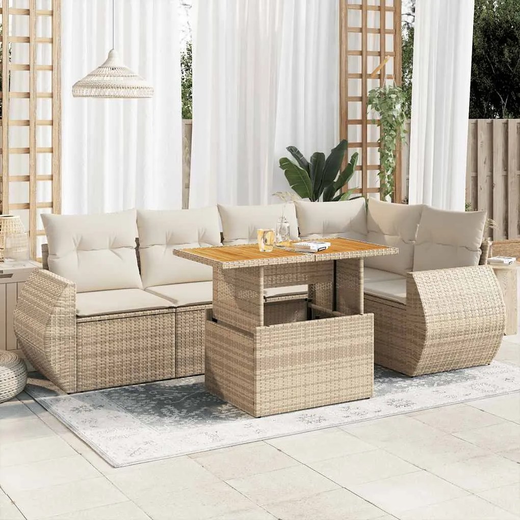 vidaXL 6 pcs conjunto de sofás p/ jardim com almofadões vime PE bege