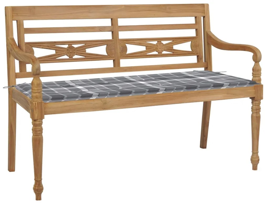 vidaXL Banco Batávia c/ almofadão xadrez cinzento 120 cm teca maciça