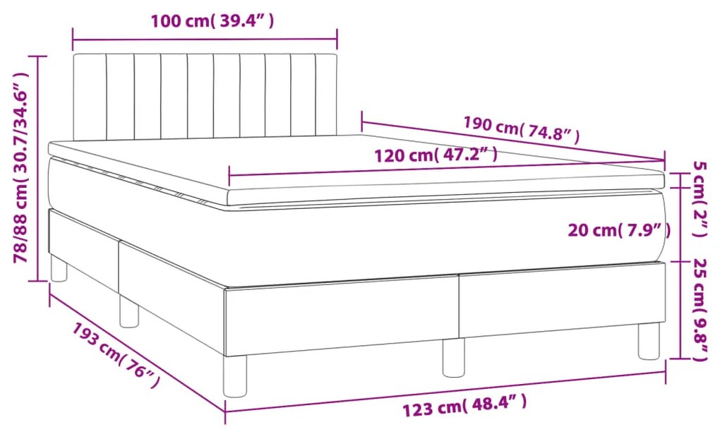 Cama box spring c/ colchão e LED 120x190 cm tecido cinza-claro