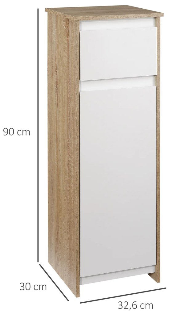 Armário de banheiro baixo Armário de madeira com gaveta e armário com 2 prateleiras para sala Quarto Cozinha 32,6x30x90 cm Cor natural e branco