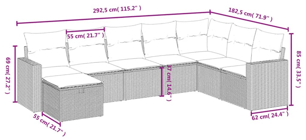8 pcs conjunto sofás de jardim com almofadões vime PE preto