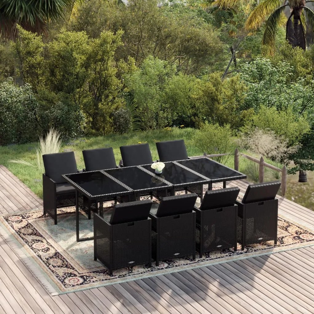 vidaXL 9 pcs conjunto de jantar p/ jardim c/ almofadões vime PE preto