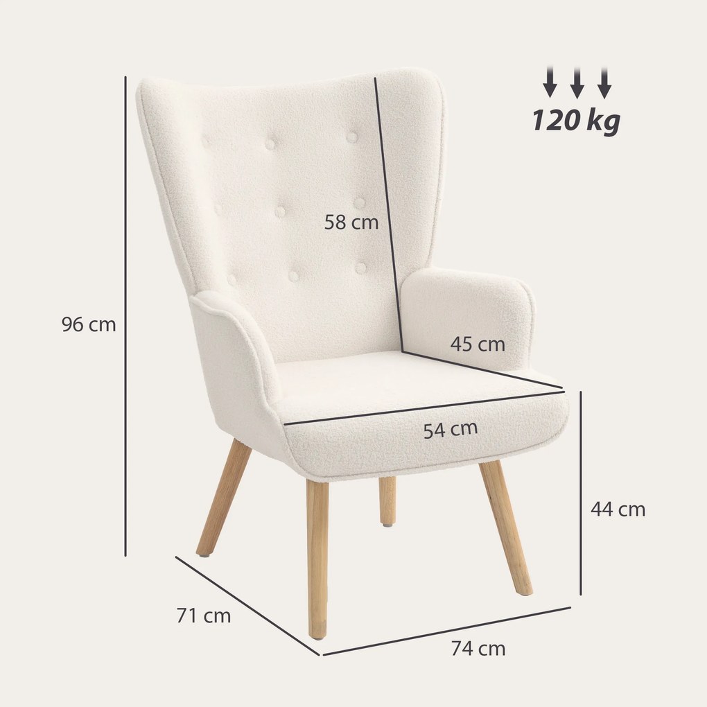 Poltrona de sala em tecido bouclé, poltrona estofada e acolchoada com pés de madeira, 71 x 74 x 96 cm, bege