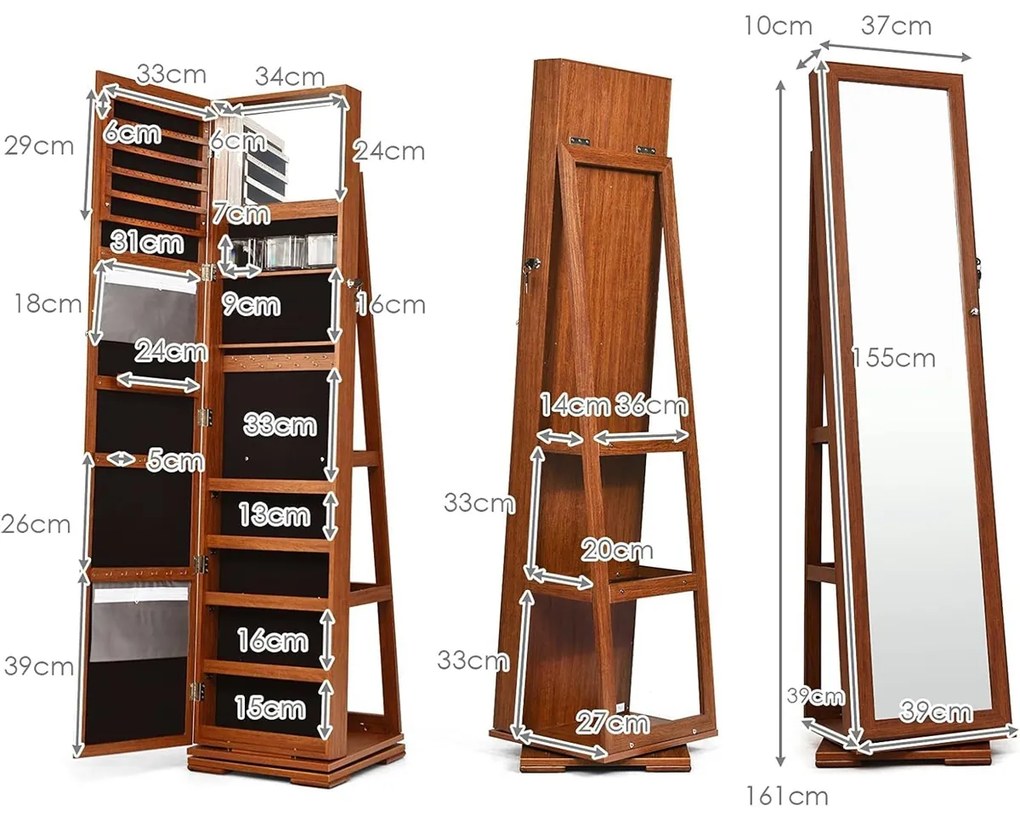 Armário para joias 39×39×161cm com espelho corpo inteiro para joias com prateleiras com fechadura giratória de 360° Castanho