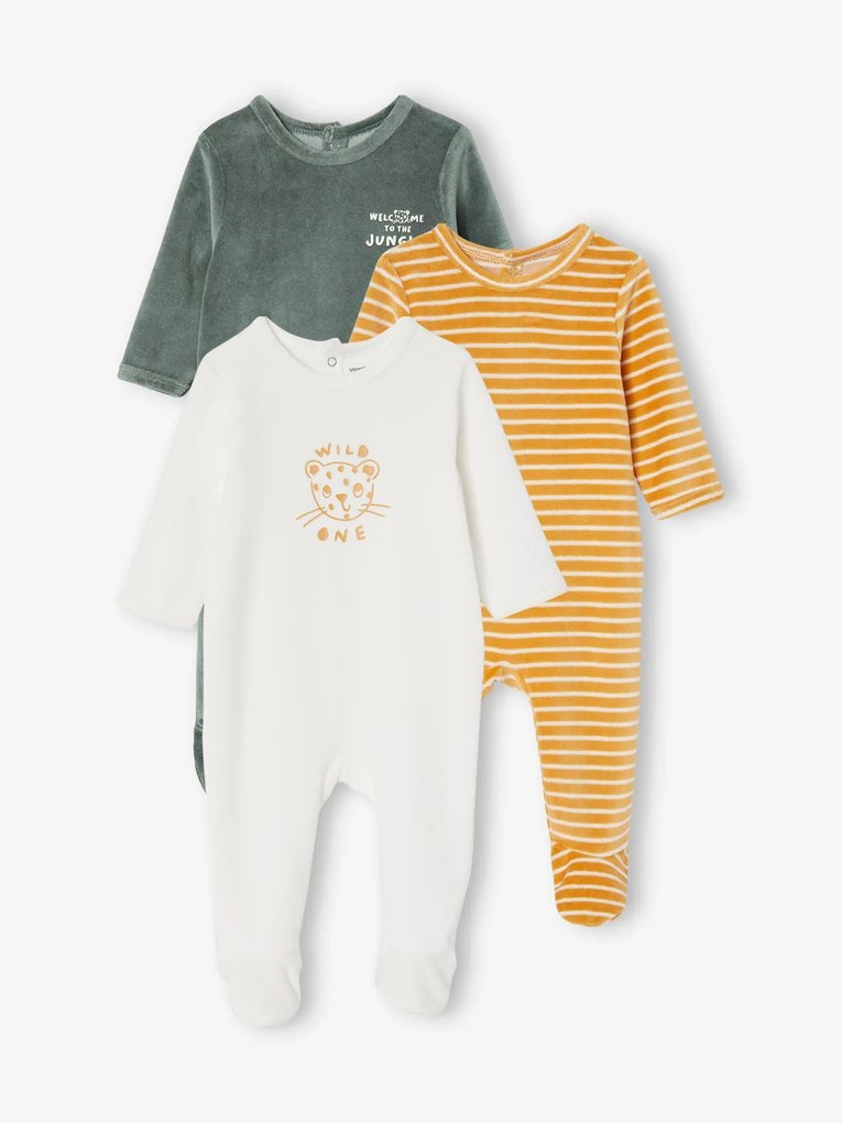 Lote de 3 pijamas, em veludo, abertura atrás, para bebé bege medio bicolor/multicolor