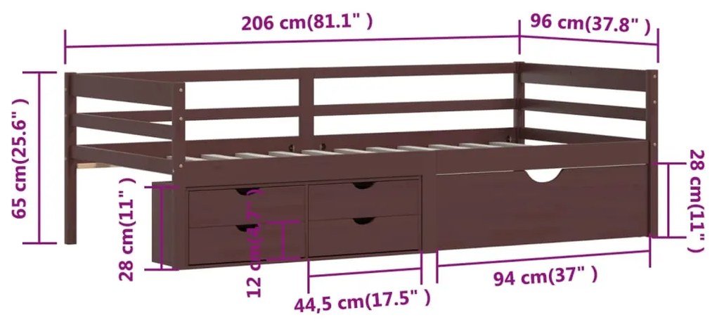 Cama com gavetas e móvel 90x200 cm pinho maciço castanho-escuro