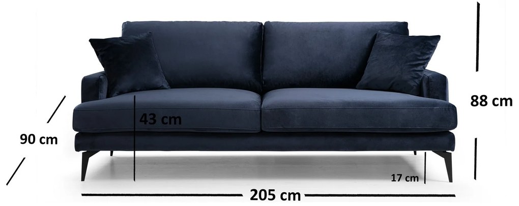 Sofá de 3 Lugares Papira – Azul Marinho – 205x90x88 cm