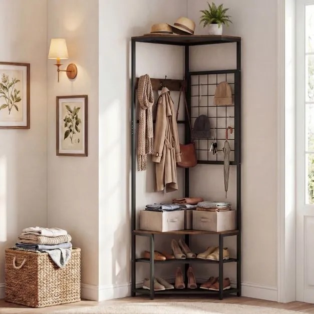 Cabide de canto 4 em 1 com 2 prateleiras para sapatos 49 x 49 x 171 cm, 2 níveis e 7 ganchos metálicos para sala de estar, hall de entrada ou corredor