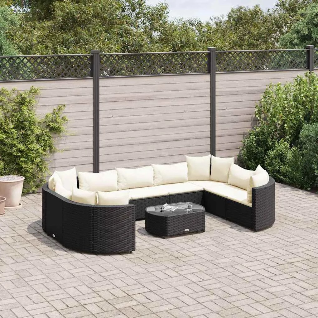 vidaXL 10 pcs conjunto sofás de jardim c/ almofadões vime PE preto