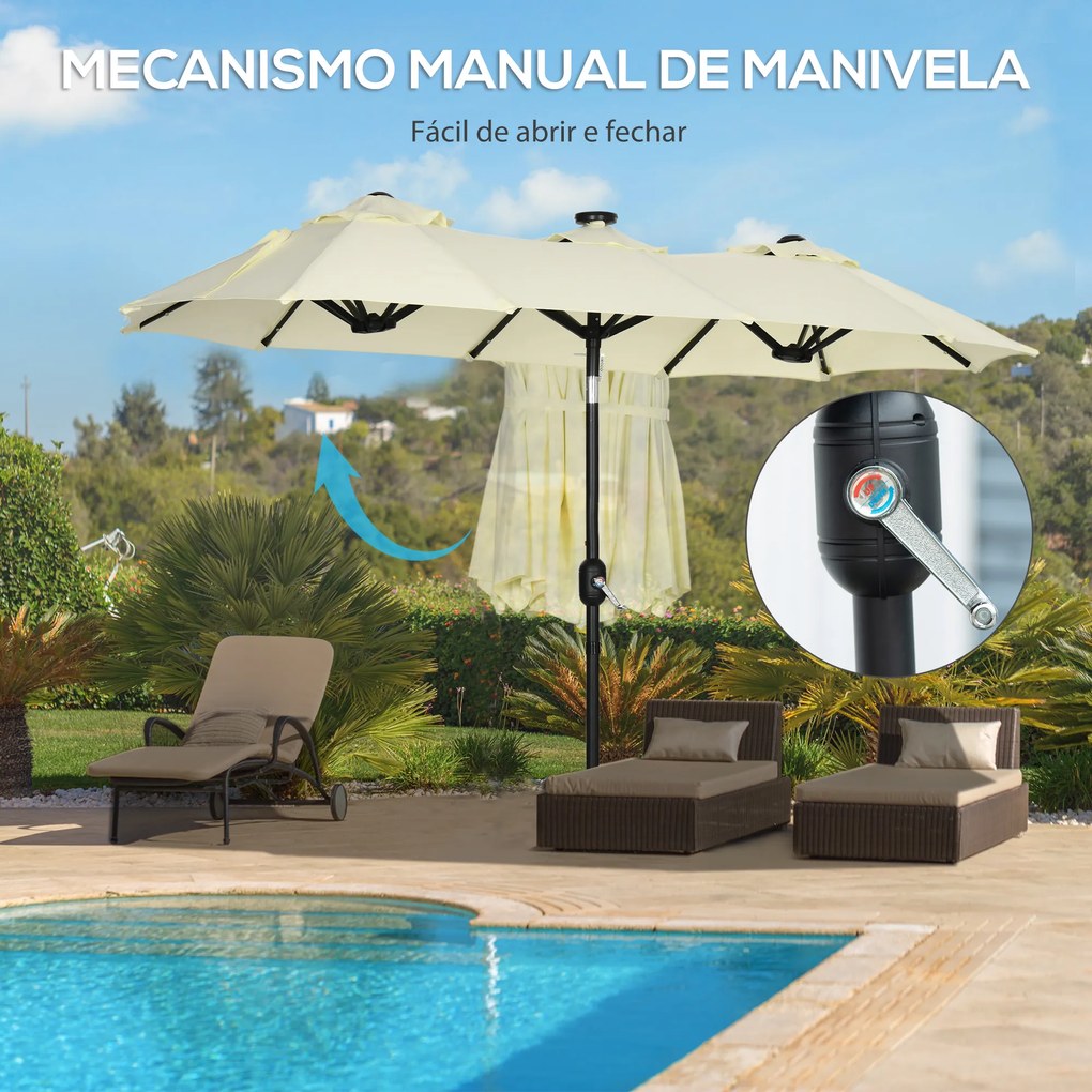 Outsunny Chapéu de Sol Duplo com Luzes LED 280x146x227cm Chapéu de Sol de Jardim com Inclinação de 45° Manivela Estrutura de Aço para Pátio Varanda Piscina Bege