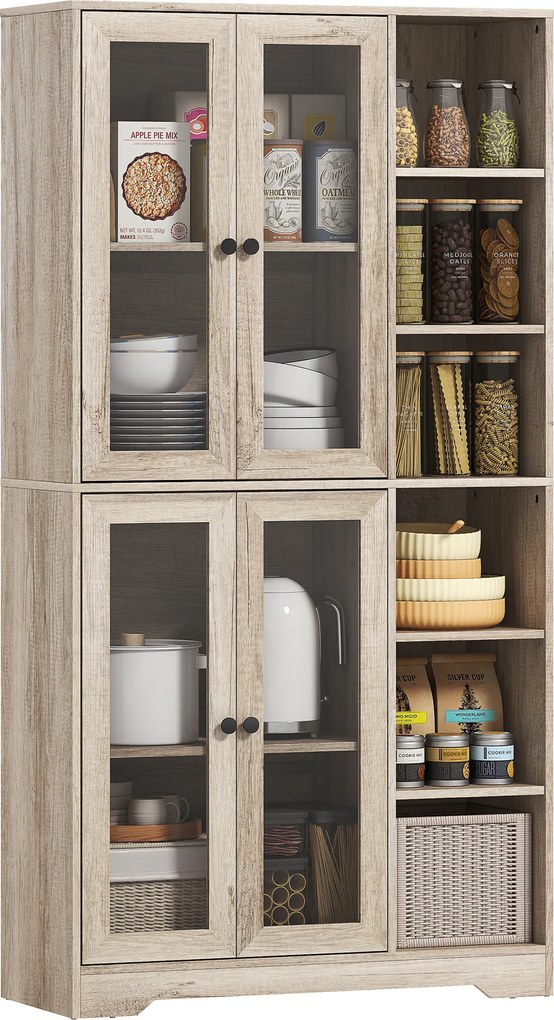 Armário de Cozinha Móvel Auxiliar de Cozinha com Prateleiras Abertas e 4 Portas de Vidro 90x35x172 cm Cinza Claro