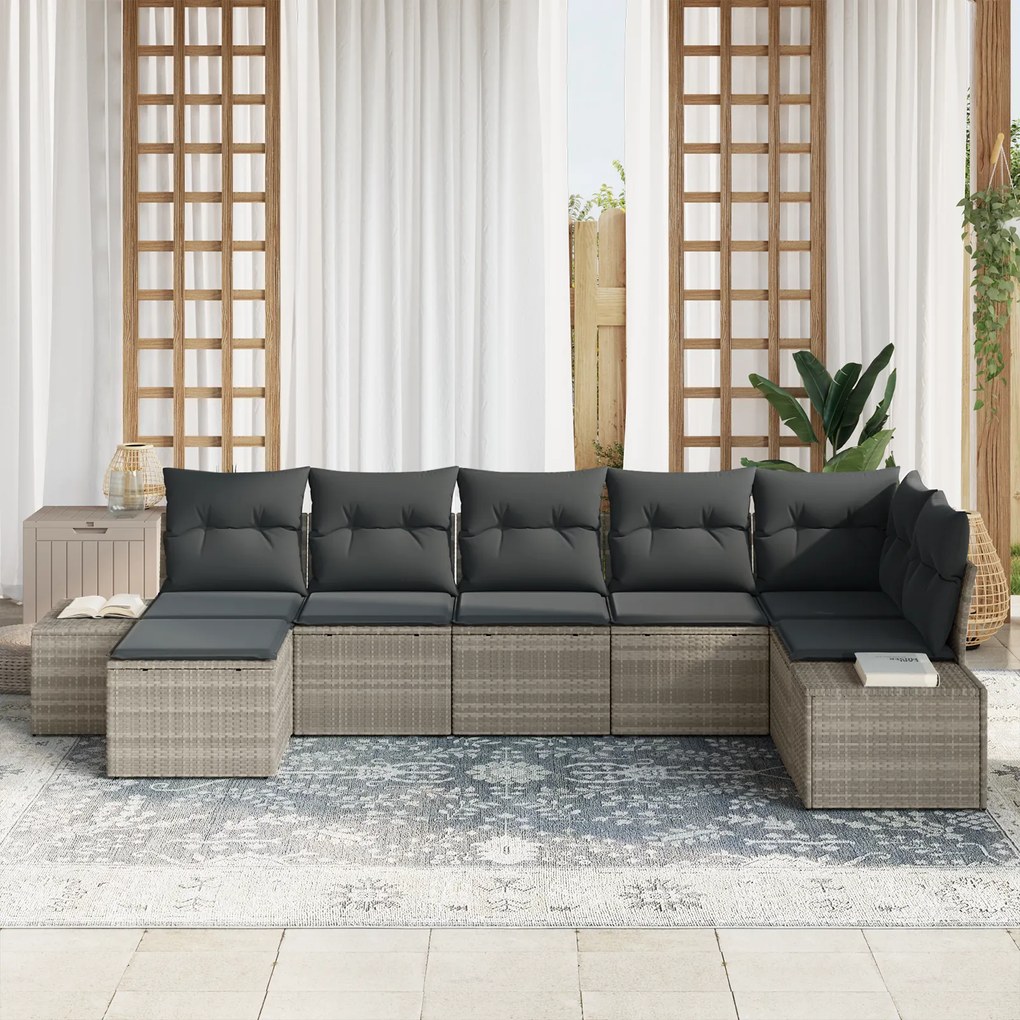 Conjunto de Sofá de Jardim de 7 Peças com Almofadas em Cinzento Claro