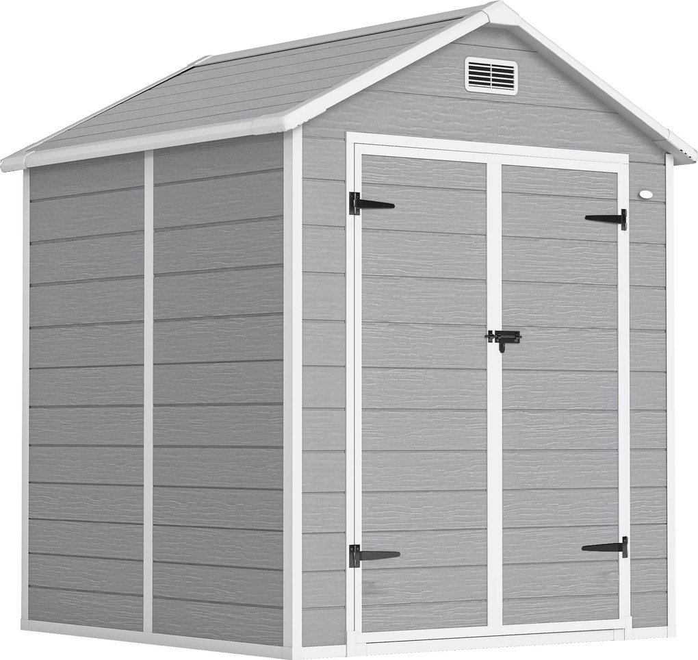 Abrigo de Jardim em Resina 182x151x219 cm com Piso Janela Ventilação Portas Duplas Cinzento