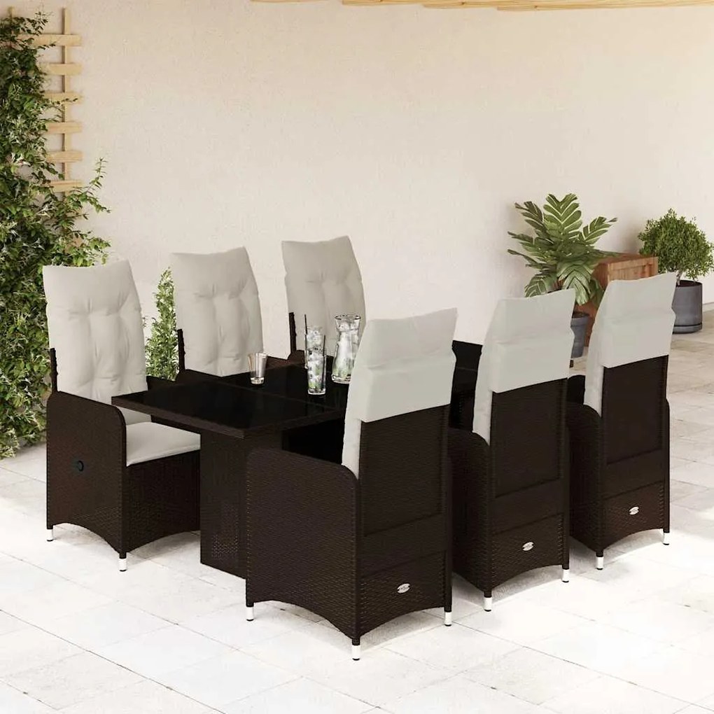 7 pcs conjunto bistrô de jardim c/ almofadões vime PE castanho