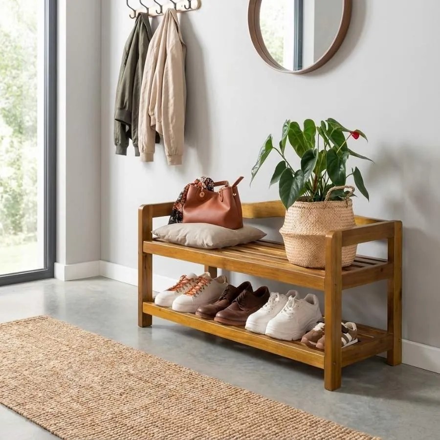 Sapateira em madeira de acácia com 2 prateleiras 74 x 26 x 42 cm Castanho