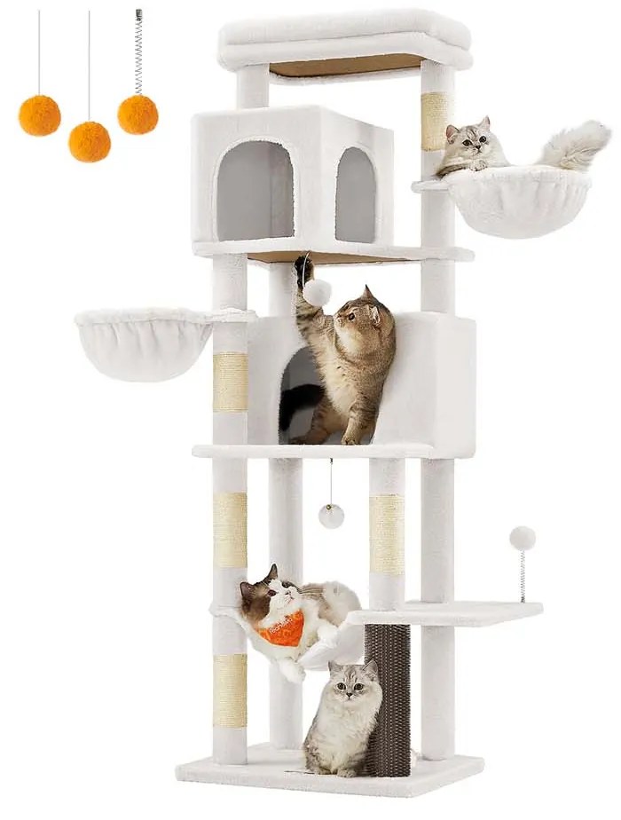 Arranhador para gatos com 175 cm de altura, 2 cavernas e 2 cavidades para descansar, branco creme