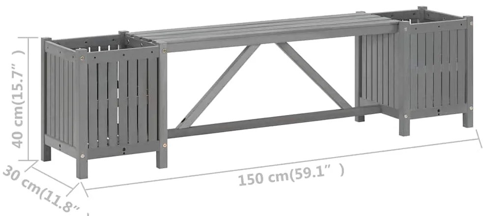 Banco de jardim com 2 vasos 150 cm acácia maciça cinzento
