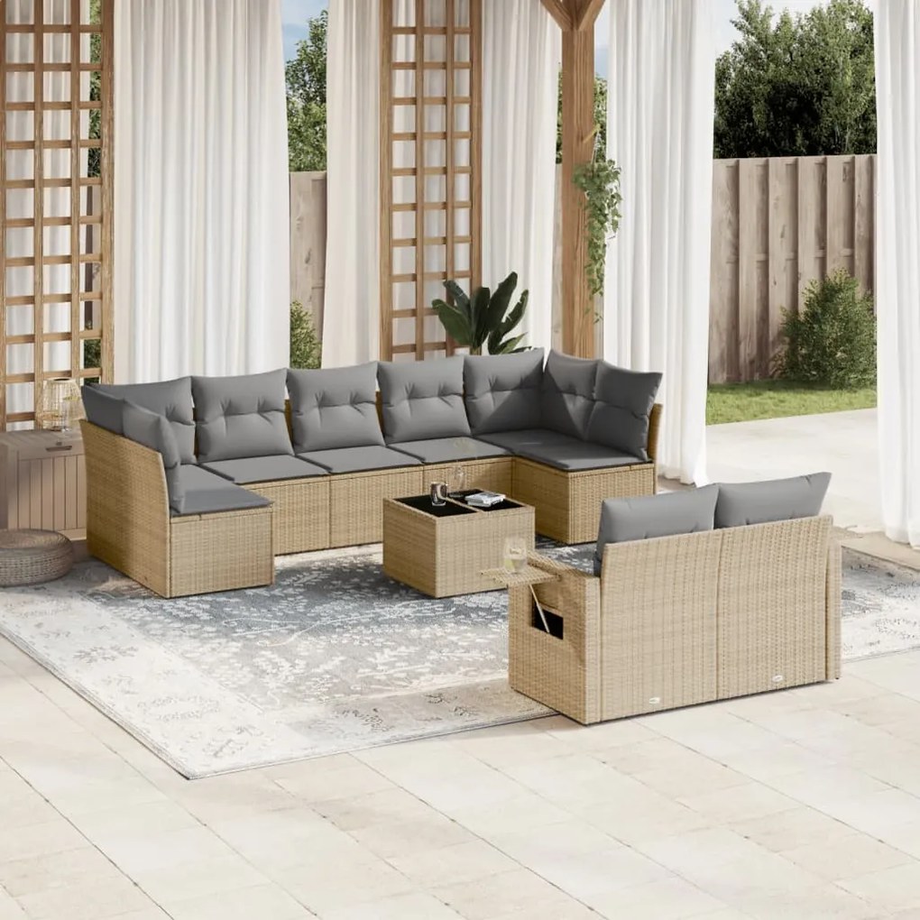 10 pcs conjunto de sofás p/ jardim com almofadões vime PE bege