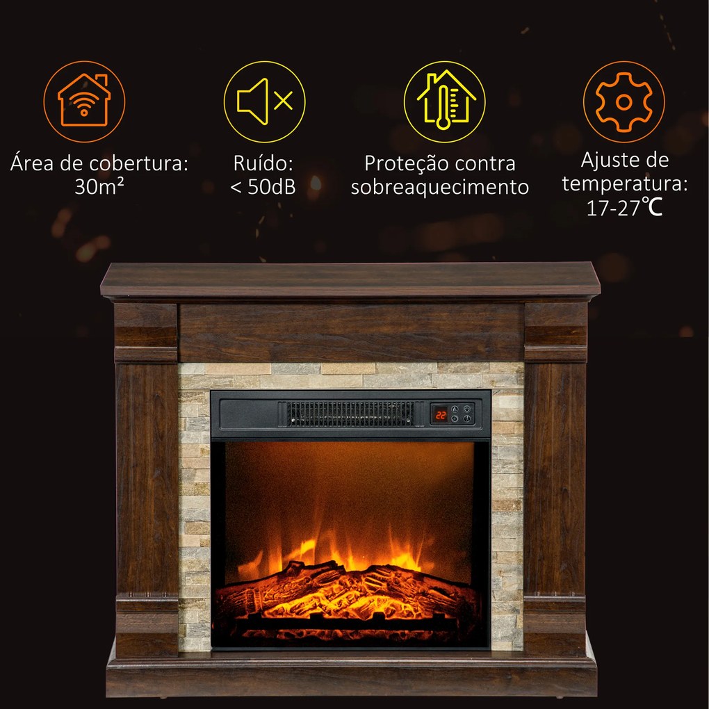 HOMCOM Lareira Elétrica 1800W Lareira com Efeito de Chama Realista Controlo Remoto Temporizador e Proteção Contra Superaquecimento para Ambientes de 30 m² 80x21,6x67,8 cm Marrom