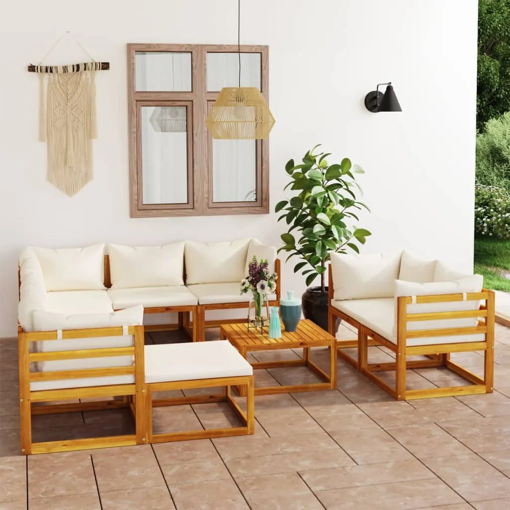 vidaXL 10 pcs conjunto lounge jardim c/ almofadões acácia maciça creme