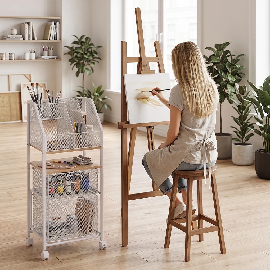 Carrinho de Arrumação, 37 x 26 x 84 cm, 2 Gavetas e Rodas com Travão, Branco