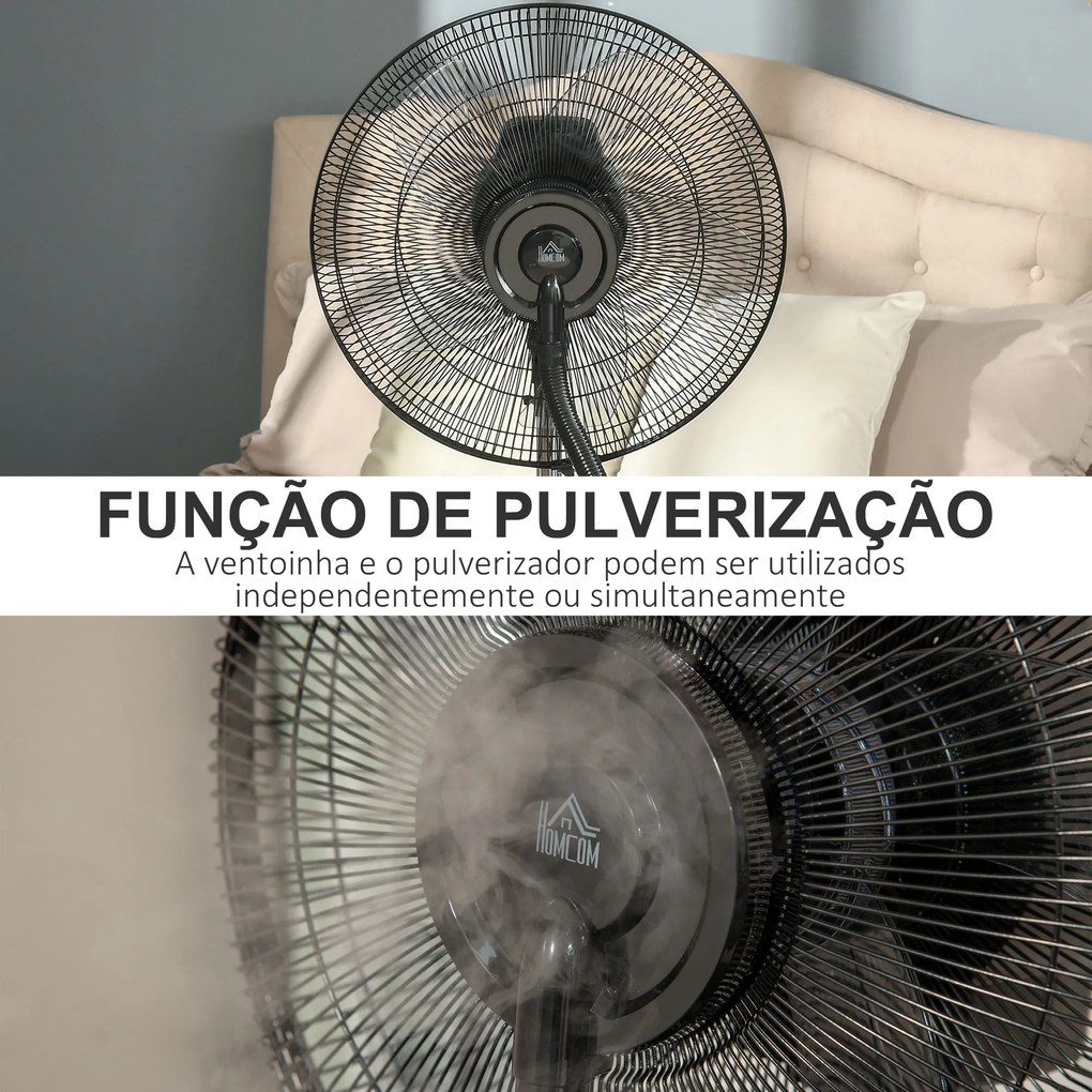 HOMCOM Ventoinha Nebulizadora 90W com Oscilação Controlo Remoto 5 Lâminas Depósito de Água 3,1L 3 Velocidades Temporizador e Rodas 44,5x44,5x135 cm Preto