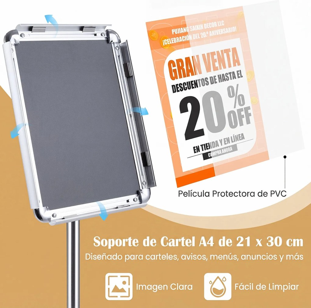 Suporte de Chão (1 Unidade) para Cartazes A4, 30 x 21 x 81-131 cm, Altura Ajustável, Prateado