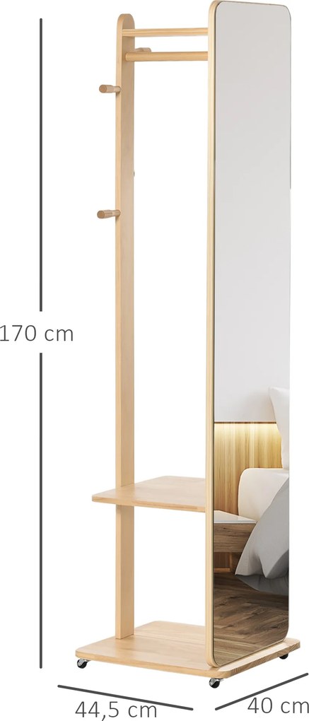 Espelho de pé com rodas 40 (L) x 44,5 (P) x 170 (A) cm Com cabides, 4 ganchos e prateleira em MDF com acabamento em madeira clara