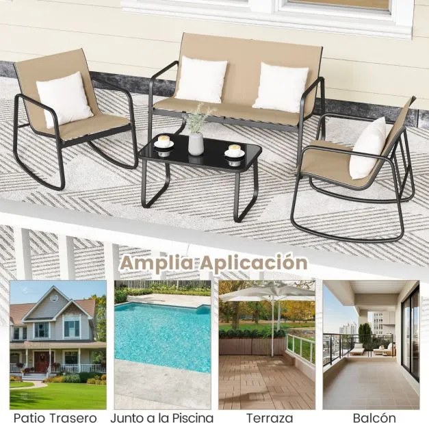 Conjunto de móveis de jardim de 4 peças com suave movimento de baloiço para terraço castanho