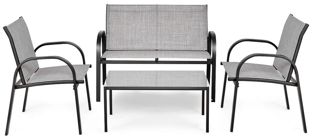 Conjunto de 4 móveis de jardim com mesa de centro de vidro - marrom